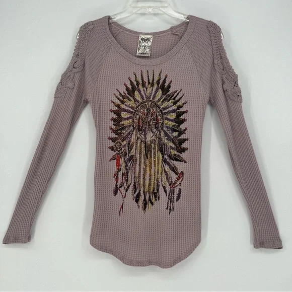 Vocal Womans Top Long Sleeve Dream Catcher Print Rhinestones Cold Shoulder NEW - Picture 4 of 13